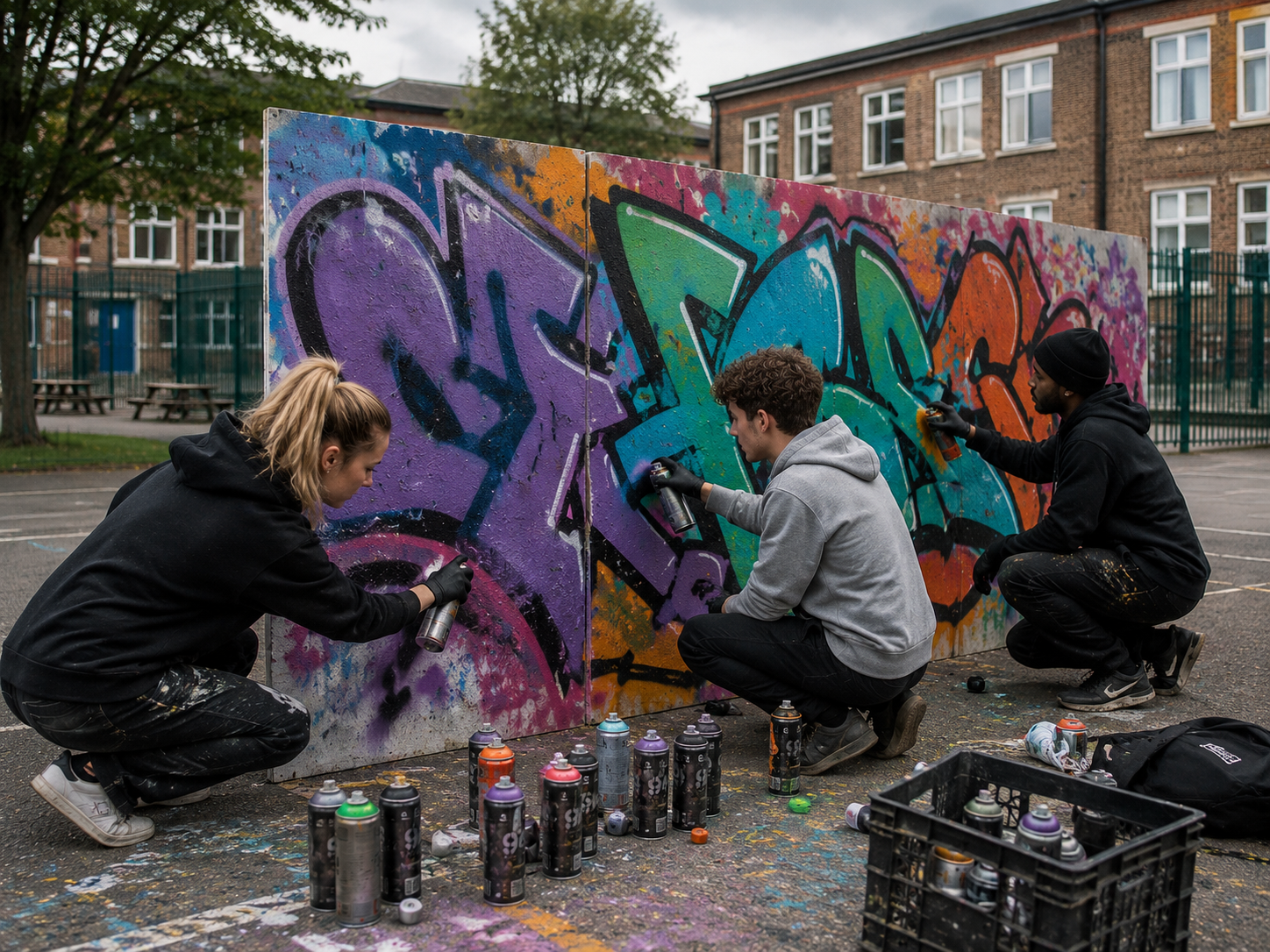 Group spray-painting colourful graffiti art in a school playground